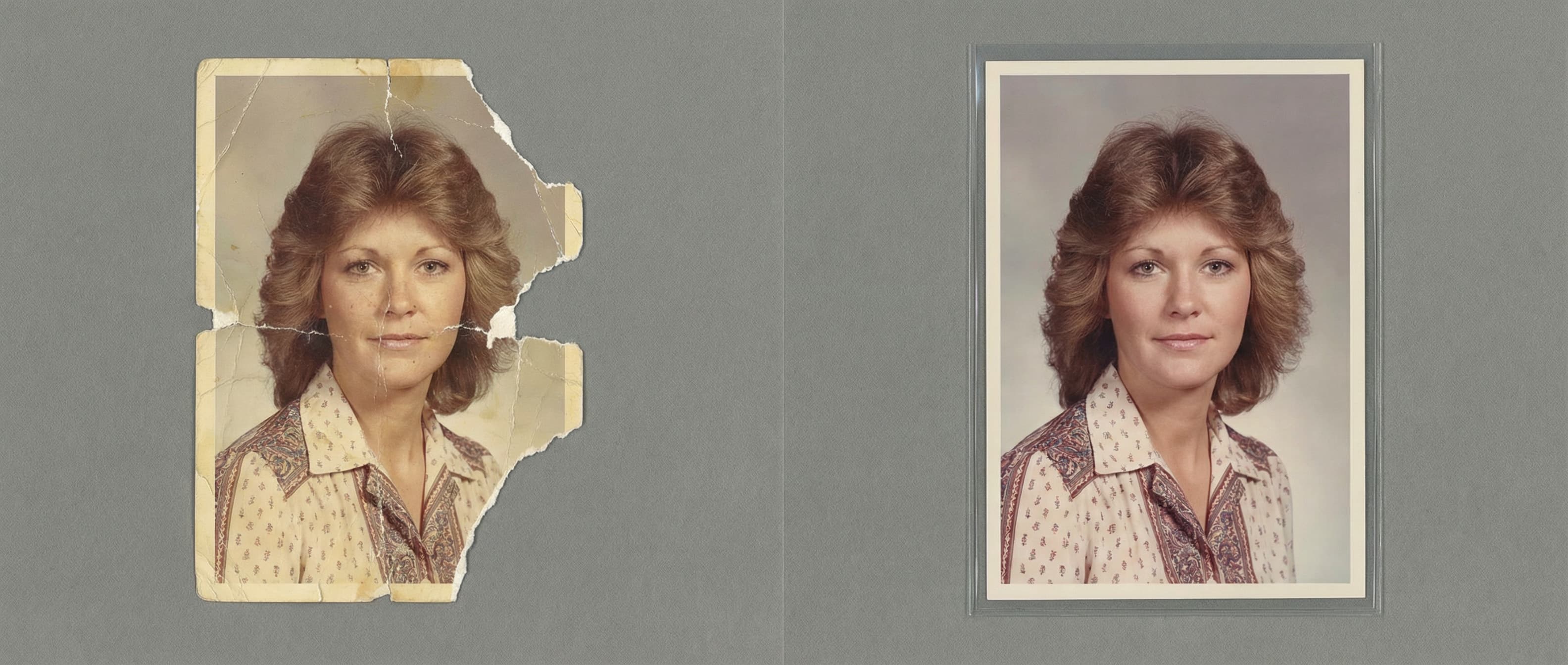 Torn photograph restored to its original condition showing seamless repair
