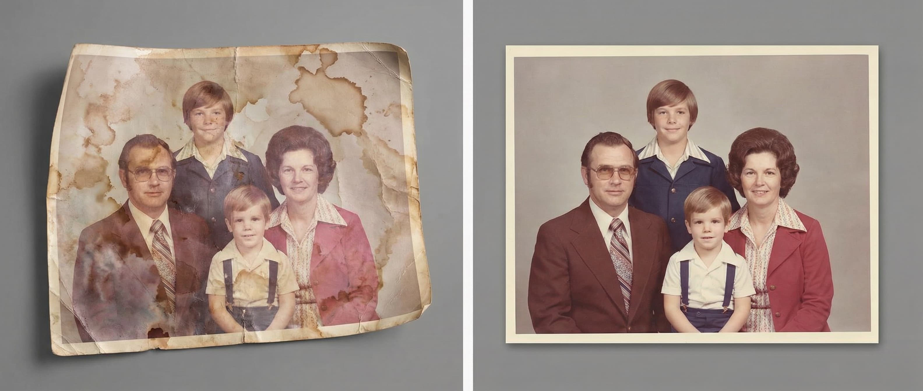 Water-damaged photo before and after professional restoration