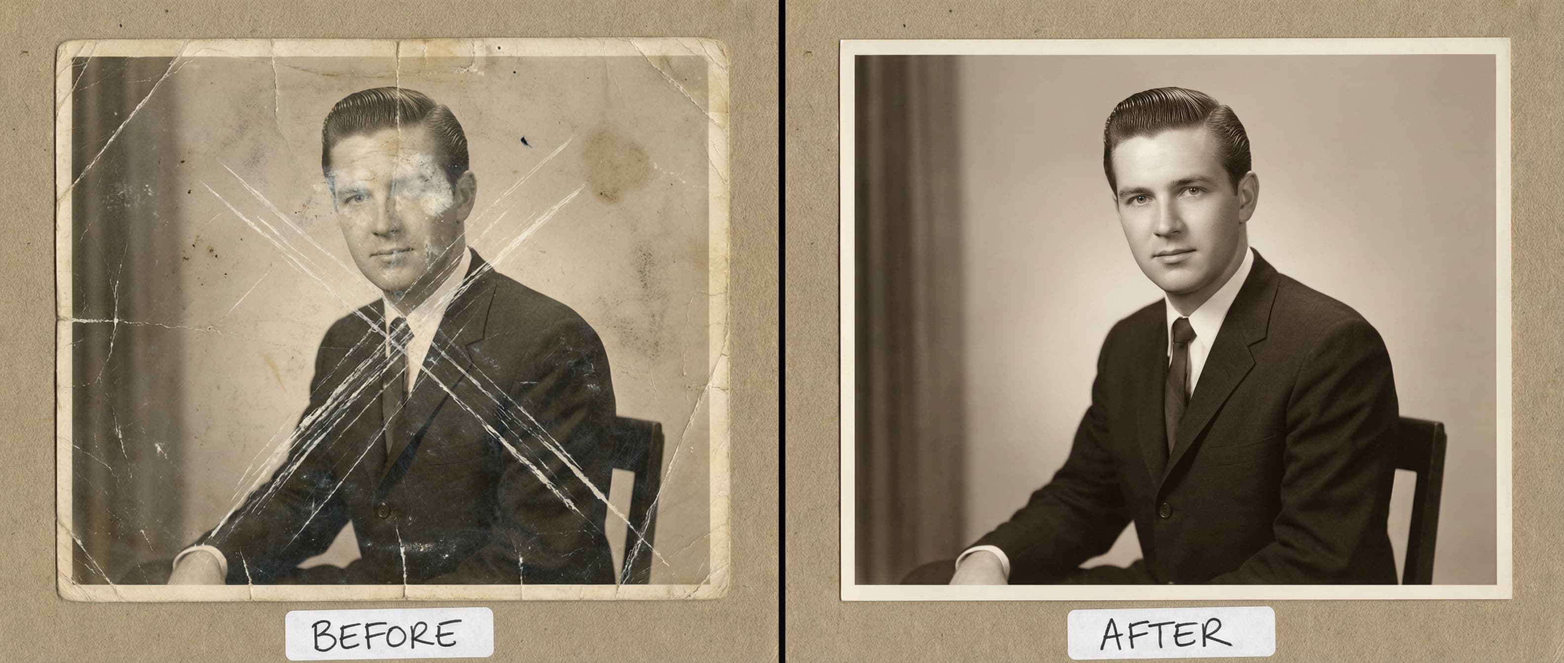 Scratched photograph before and after restoration showing clean surface recovery