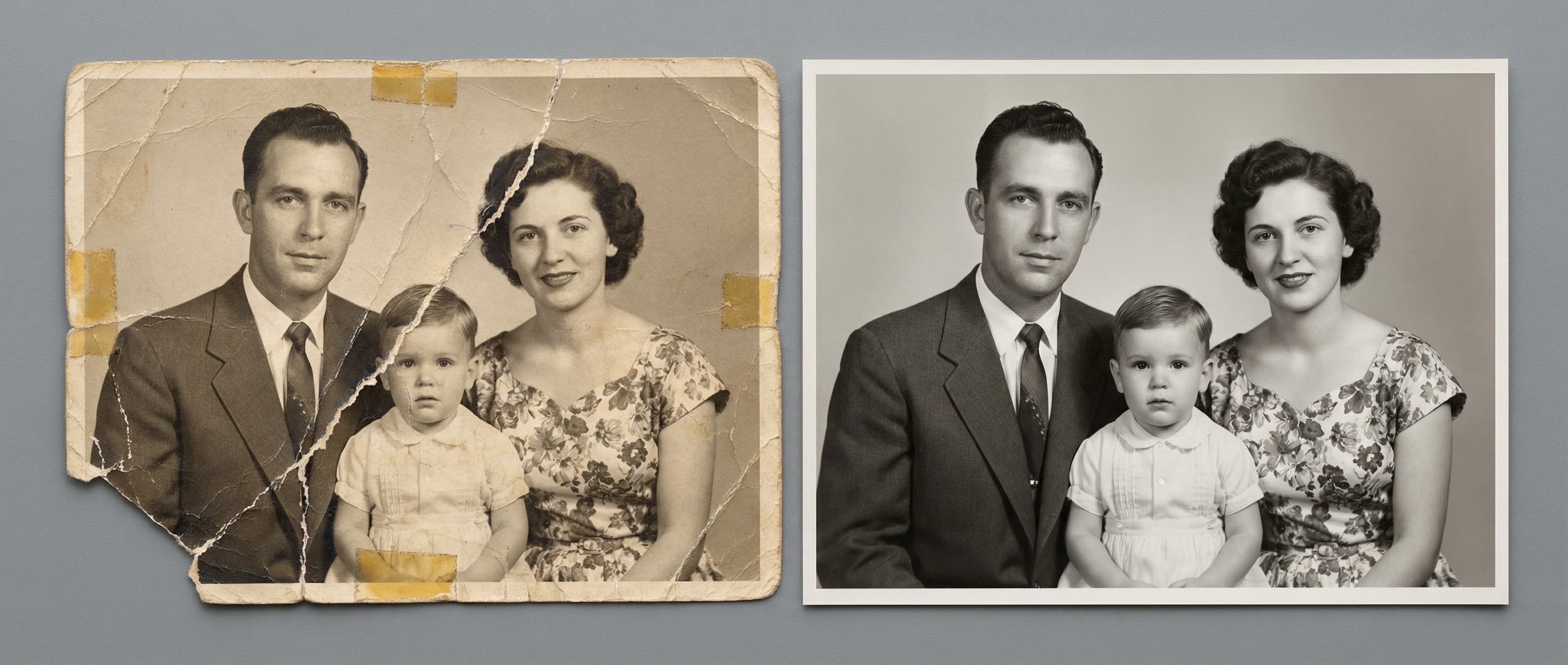 Torn photograph before and after expert digital repair