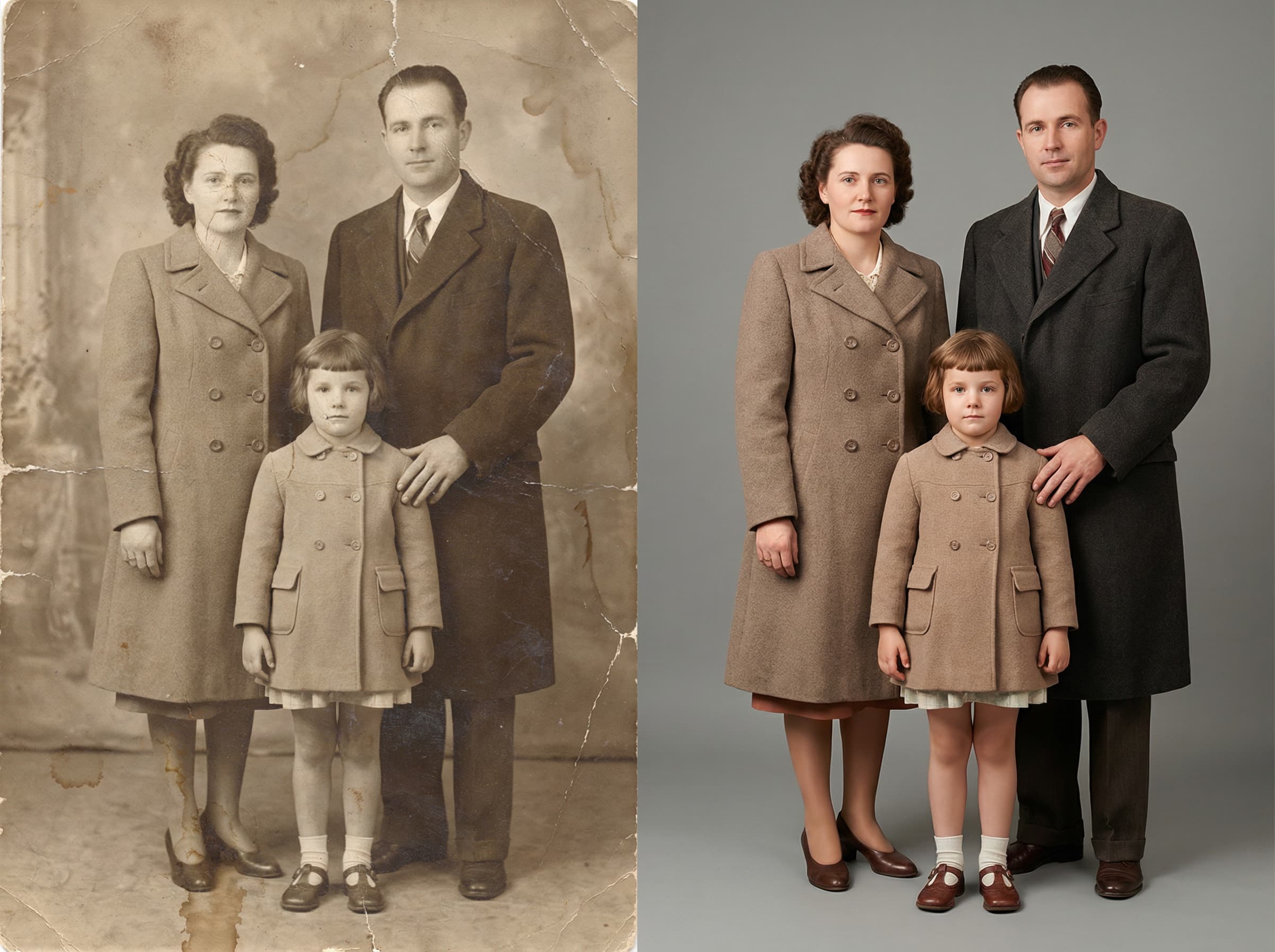 Side-by-side before and after of a restored old family photograph