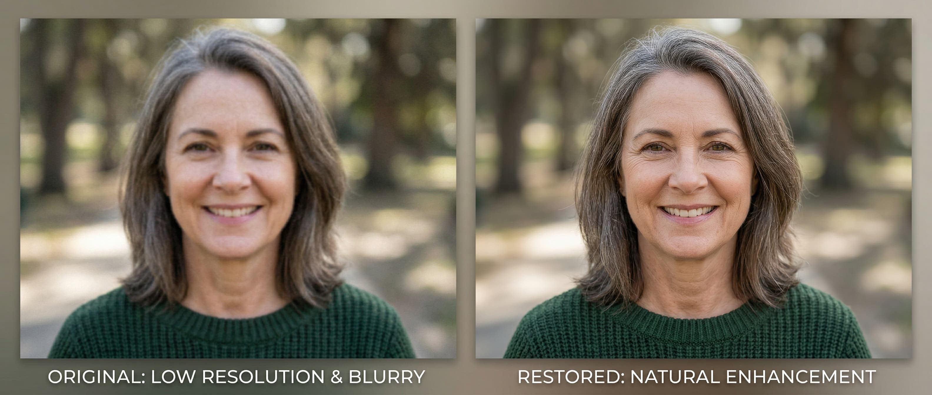 Before and after comparison of a blurry photograph sharpened to reveal clear facial details