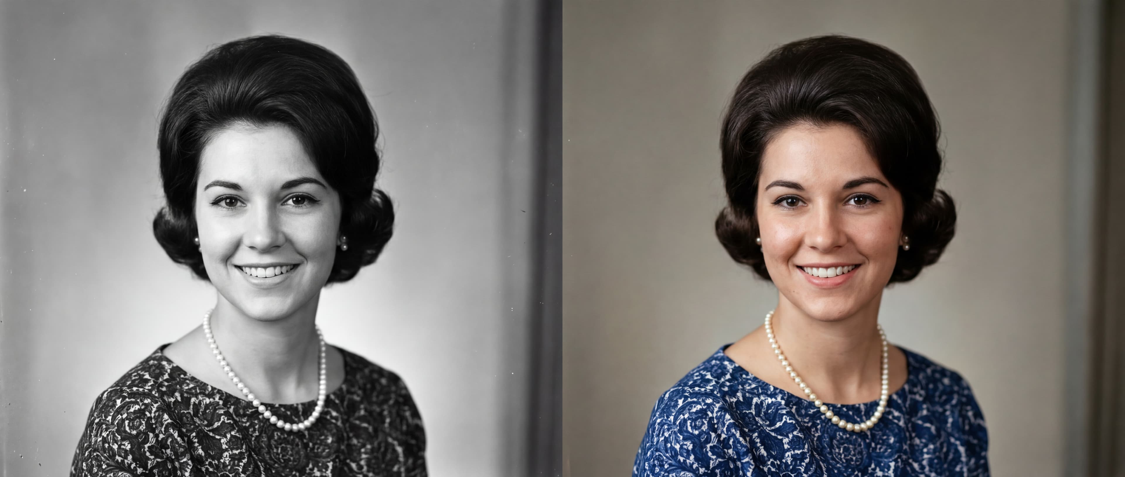 Before and after comparison of a black and white portrait colorized with natural skin tones