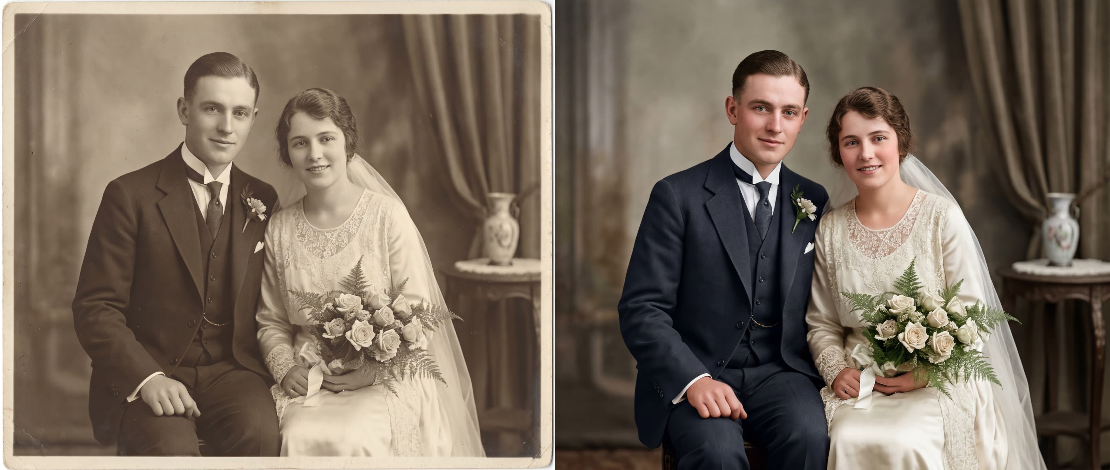 Before and after comparison of a black and white wedding photo transformed into vivid color