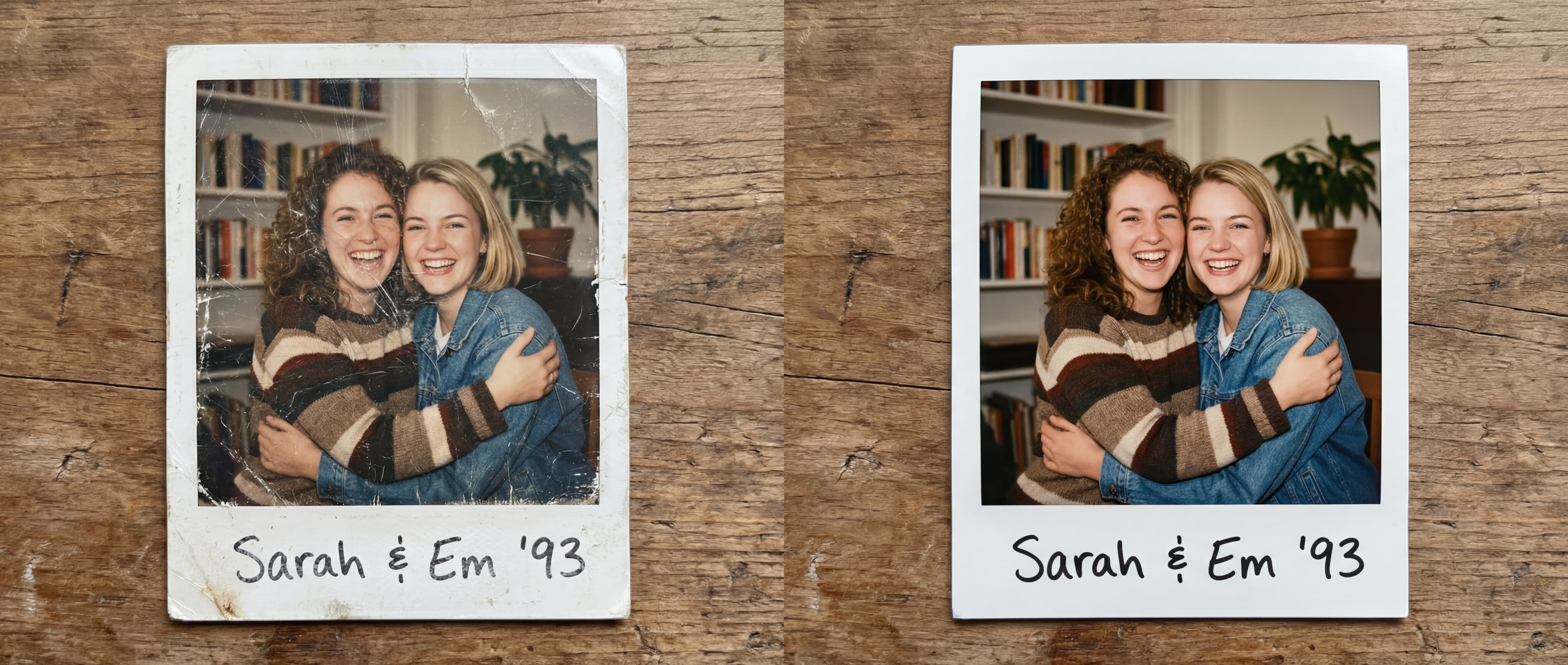 Before and after comparison of a scratched photograph with scratches removed