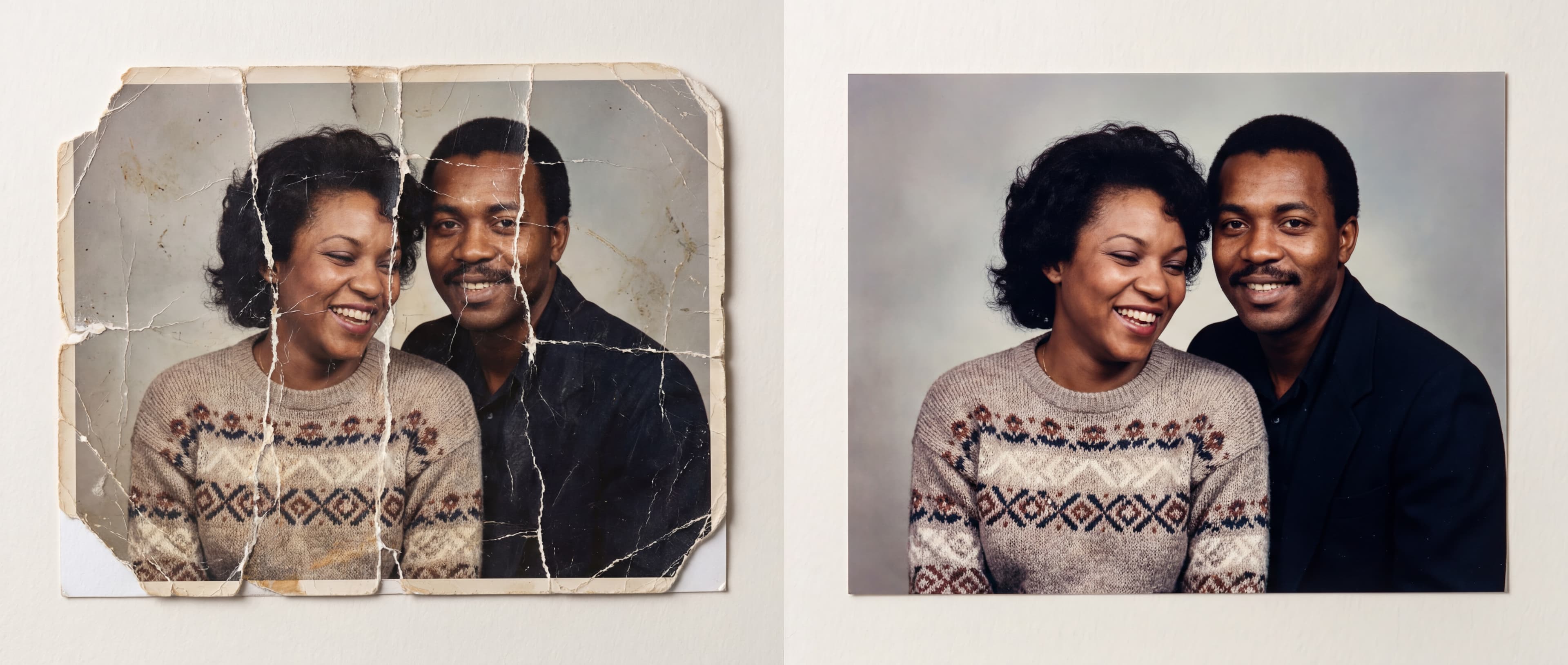 Before and after comparison of a torn photograph seamlessly repaired
