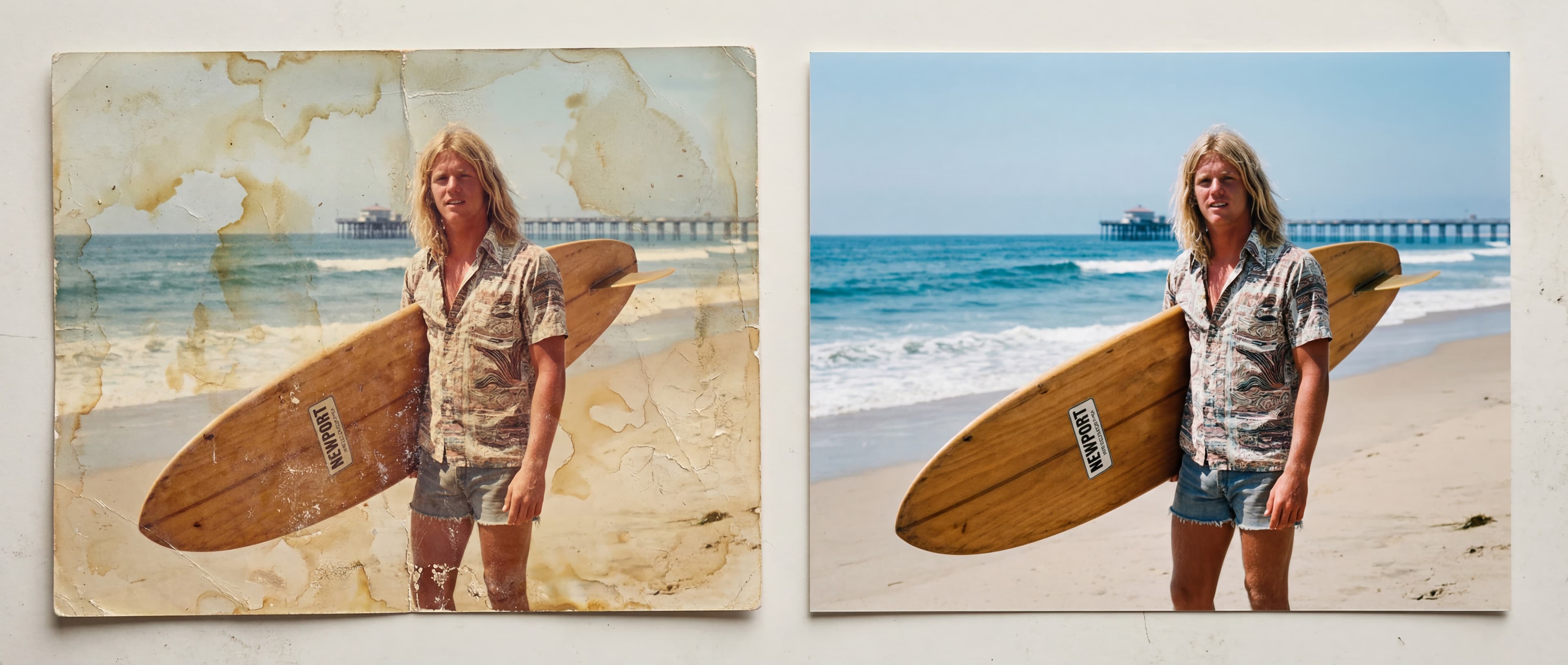 Before and after comparison of a water-damaged photograph fully restored