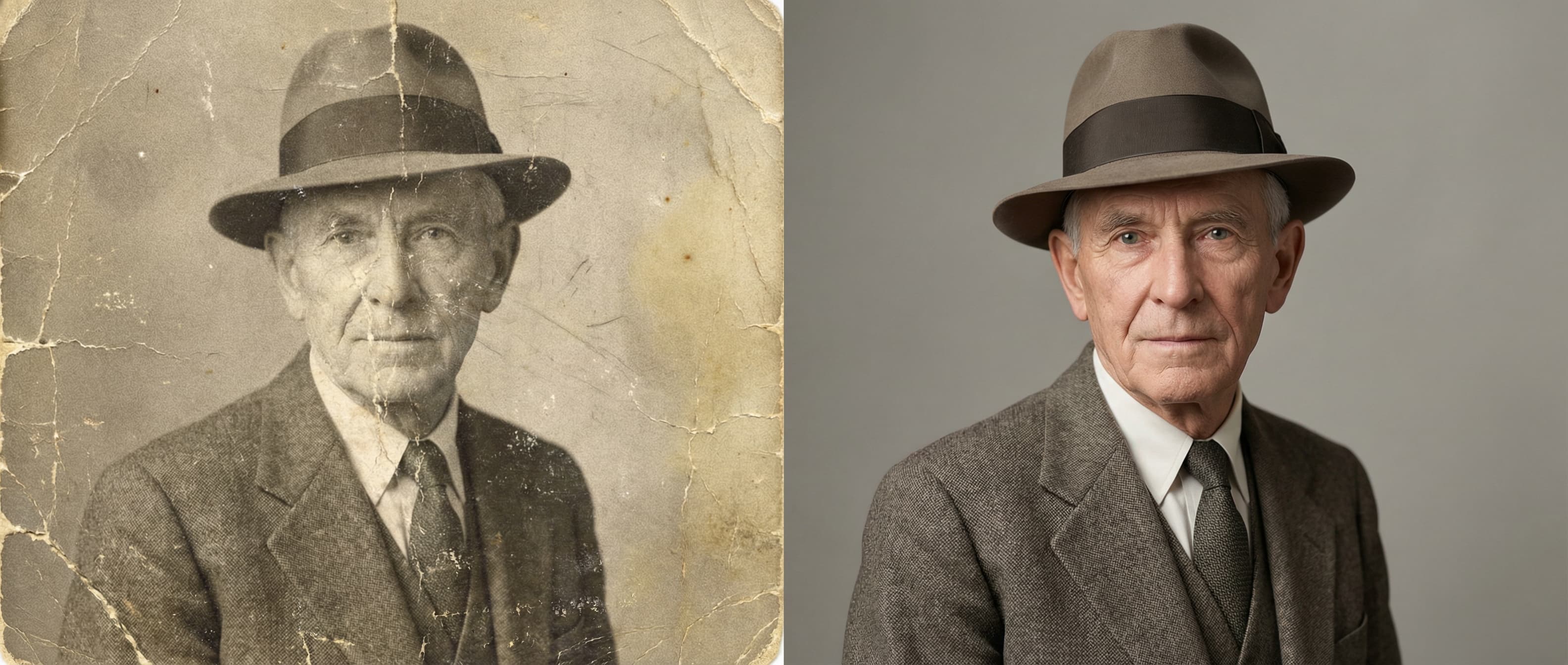 Before and after comparison of a faded old photograph restored to full clarity