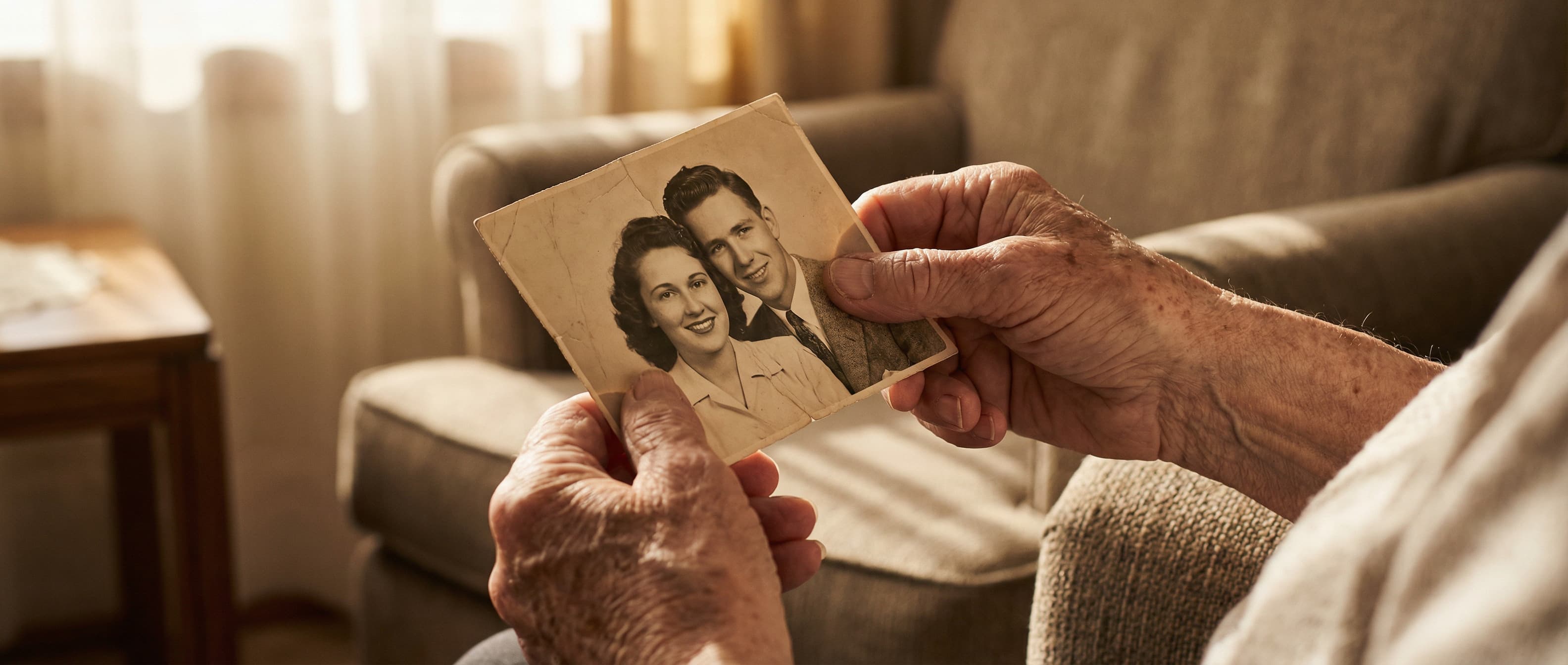 Old faded family portrait being professionally restored to reveal vivid detail