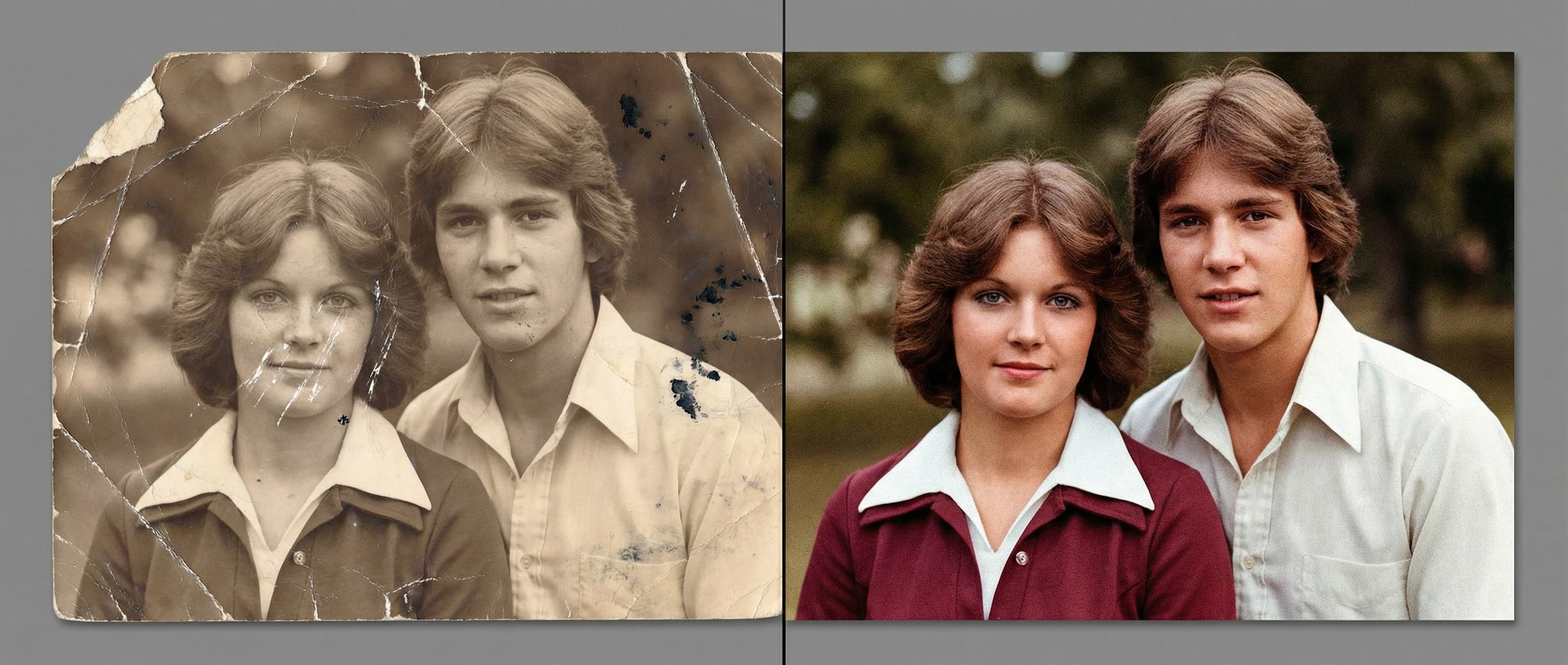 Before and after comparison showing professional photo restoration results