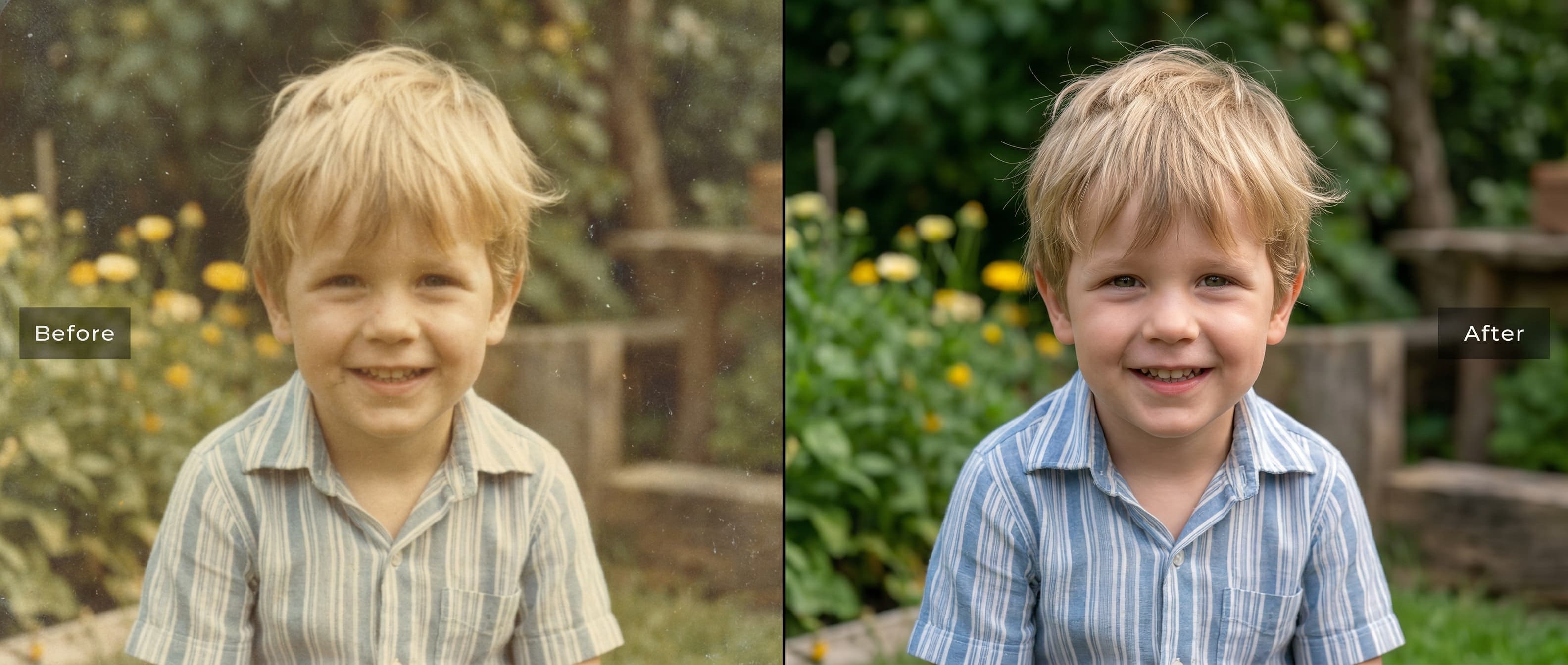 Before and after comparison of a group photograph colorized with natural skin tones and clothing colors