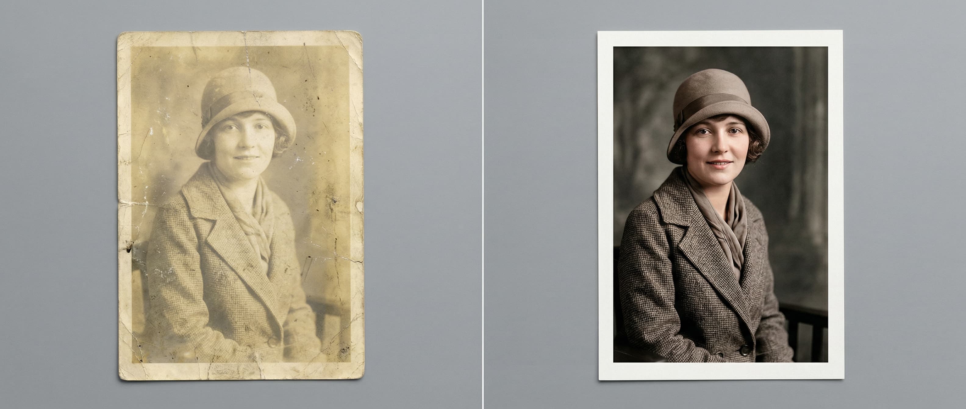 Before and after comparison of a faded landscape photograph colorized with historically accurate tones