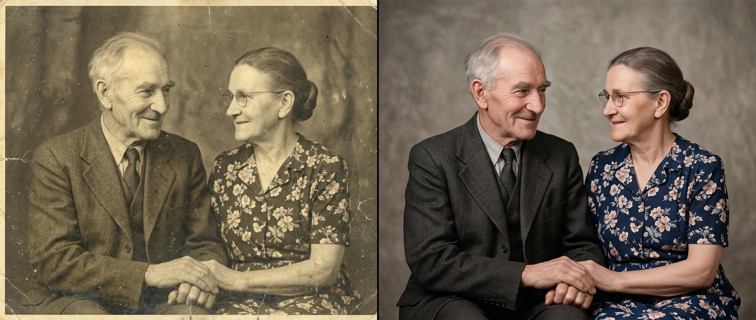 Before and after comparison of a sepia-toned photograph colorized with natural, vivid tones