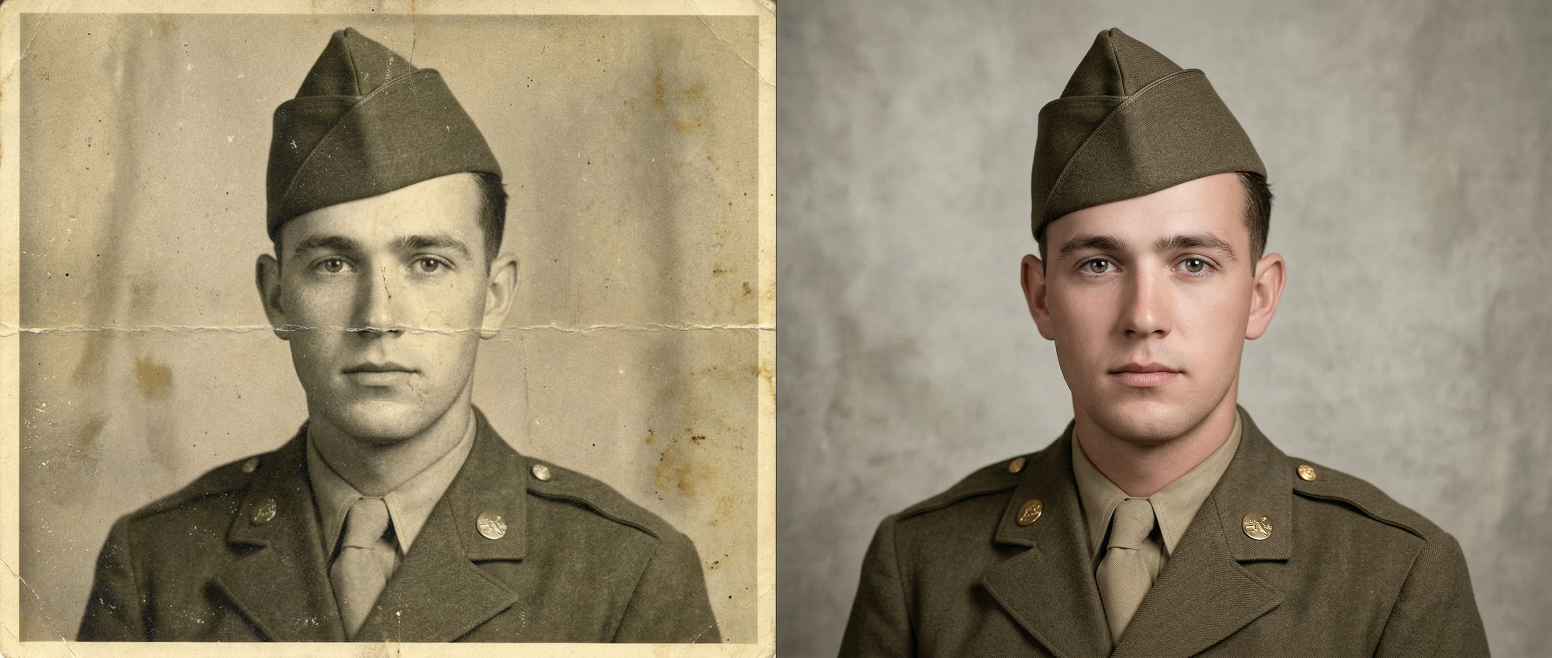 Before and after comparison of a military photograph colorized with accurate uniform colors