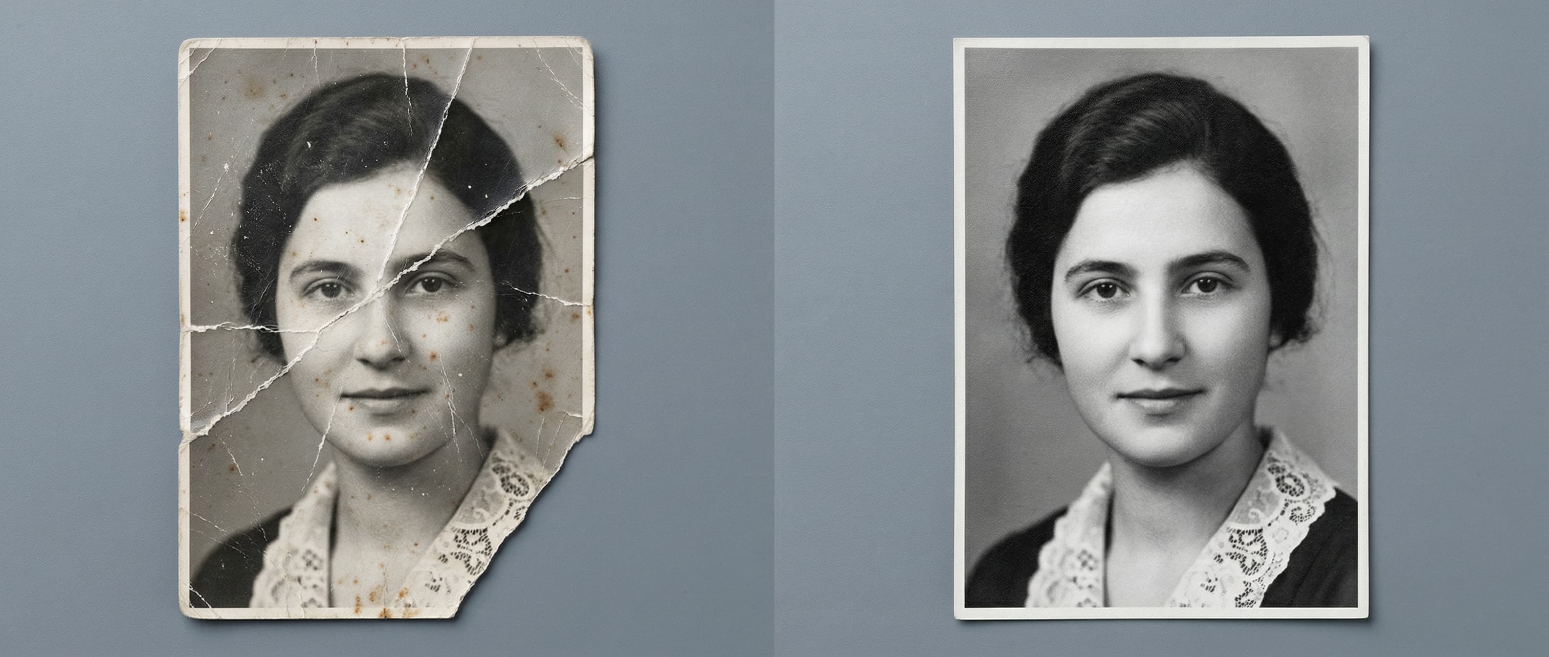 Torn and ripped photo repaired, before and after