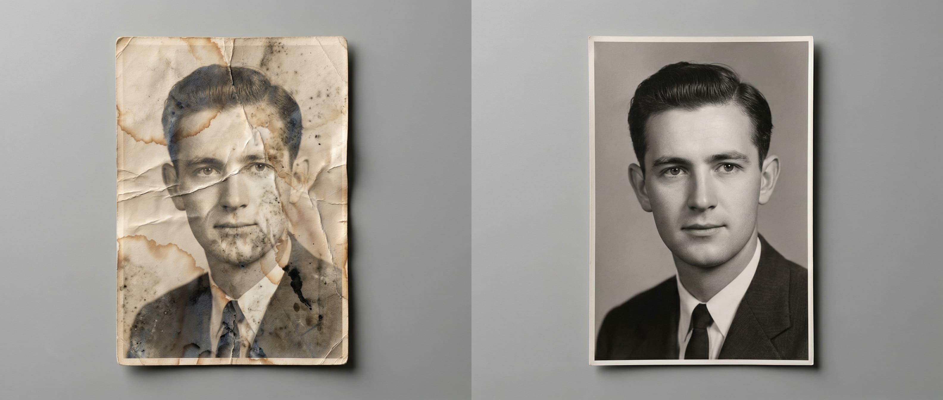 Water damaged photo professionally restored, before and after
