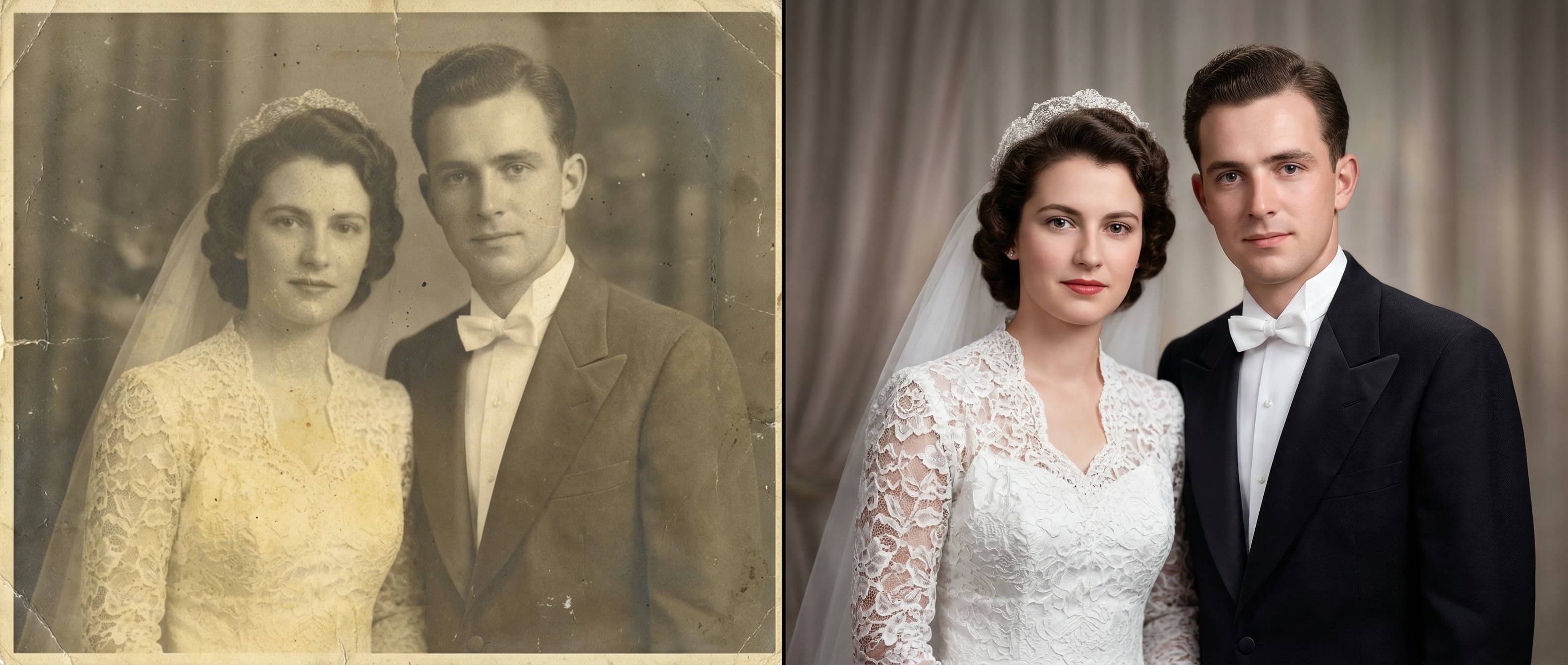 Vintage wedding photo professionally restored, before and after